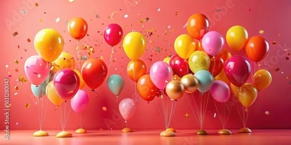 Fototapeta A vibrant collection of colorful balloons floating against a solid coral backdrop, adorned with celebratory confetti, creating a joyful and festive atmosphere.