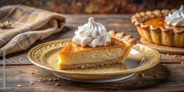 Fototapeta A delectable slice of creamy custard pie, topped with a swirl of fluffy whipped cream, rests on an elegant plate, a whole pie subtly visible in the background, set against a rustic wooden table