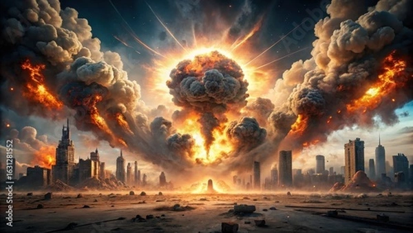 Fototapeta Post-Apocalyptic Cityscape A Fiery Devastation in the Wake of a Massive Explosion