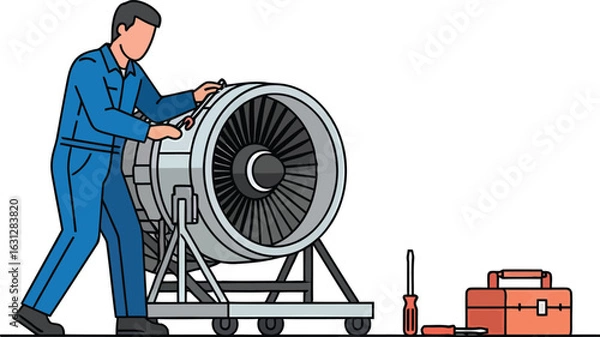 Fototapeta Mechanic working on a jet engine with tools and toolbox.