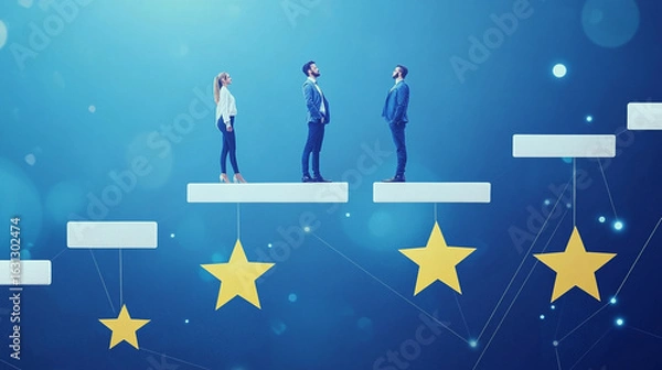 Fototapeta Business people on platforms with stars achieving success growth teamwork