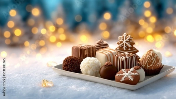 Fototapeta Assorted festive chocolates and truffles decorated with snowflakes and stripes on a white plate, set on snow with warm bokeh lights in the background.