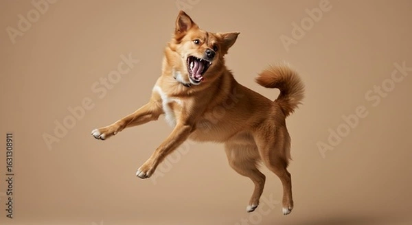 Obraz A joyful dog leaping in mid-air, mouth open, against a neutral background.