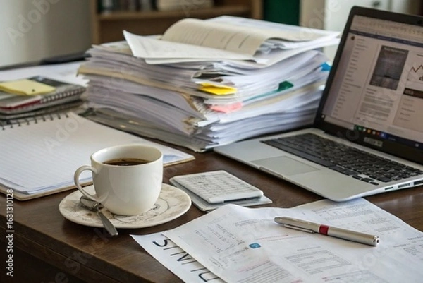 Fototapeta A messy desk with a laptop, a cup of coffee, and a stack of papers