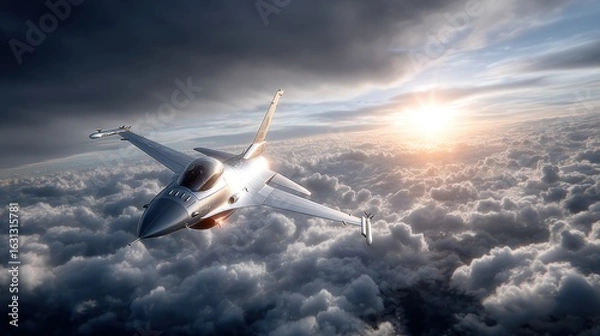 Fototapeta  Soaring Through the Skies: A modern fighter jet streaks across a vast canvas of fluffy clouds, soaring towards the golden sun.