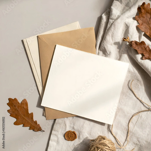 Fototapeta Blank paper card with envelopes, oak leaves, and wax seal on linen cloth