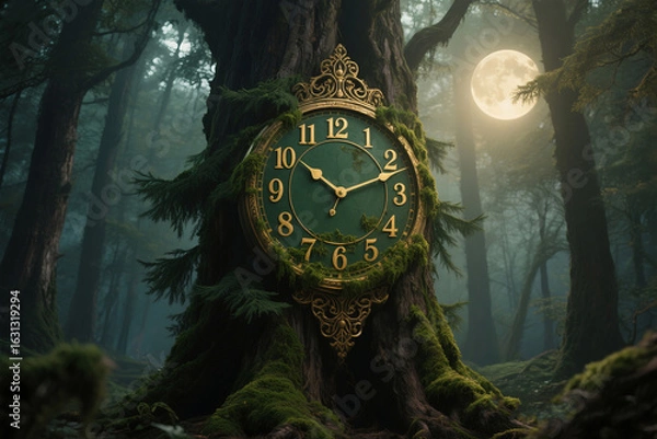 Obraz Mossy Clock Embedded in Evergreen Tree
