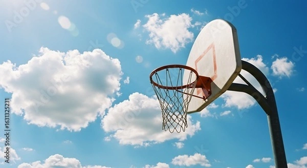 Fototapeta 青空の下、白い雲が浮かぶバスケットゴールが爽やかに輝く