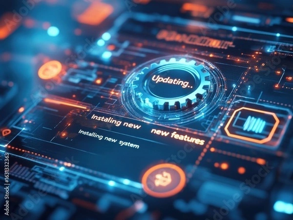 Obraz A futuristic interface displays an ongoing update process featuring gears, digital elements, and indicators. The focus is on installing new features and upgrading the system functionalities.