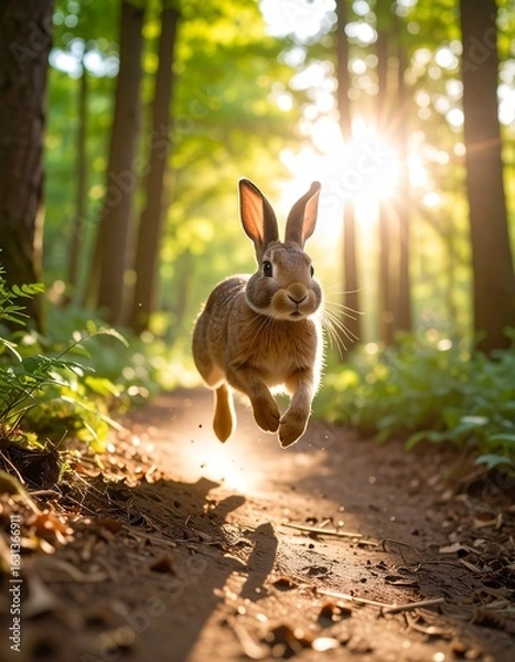 Fototapeta Dynamic action shot of a wild brown rabbit jumping along a sunlit forest trail during a golden sunset