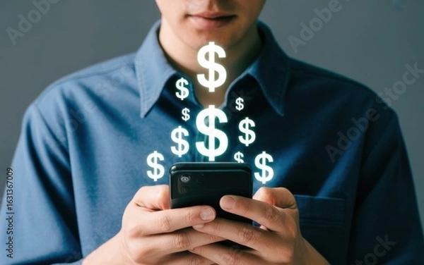 Fototapeta A person holding a smartphone with glowing dollar sign icons emerging, symbolizing online income, mobile banking, and digital wealth.