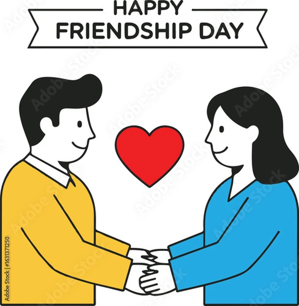 Fototapeta 
A flat cartoon illustration of a happy couple holding hands with a heart icon floating between them and a "HAPPY FRIENDSHIP DAY" banner above, symbolizing friendship, love, and connection.