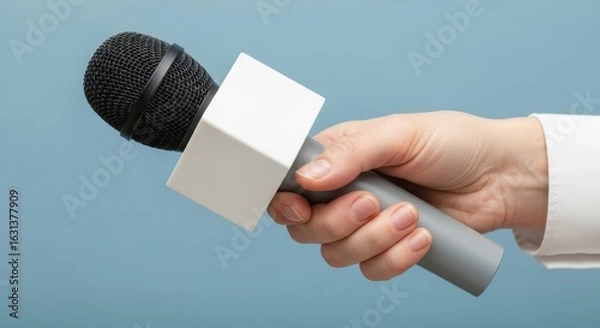 Fototapeta Hand holding a reporter microphone with a blank white mic flag on a blue background