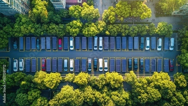 Fototapeta A large solar car park with numerous cars parked under the shade of rectangular photovoltaic panels, a bird's-eye view