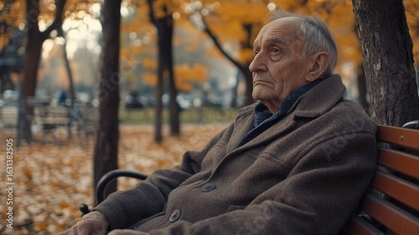 Fototapeta An 80-year-old man sitting on a park bench. He looks rather serious and lonely. With the park in the background, image with copyspace.