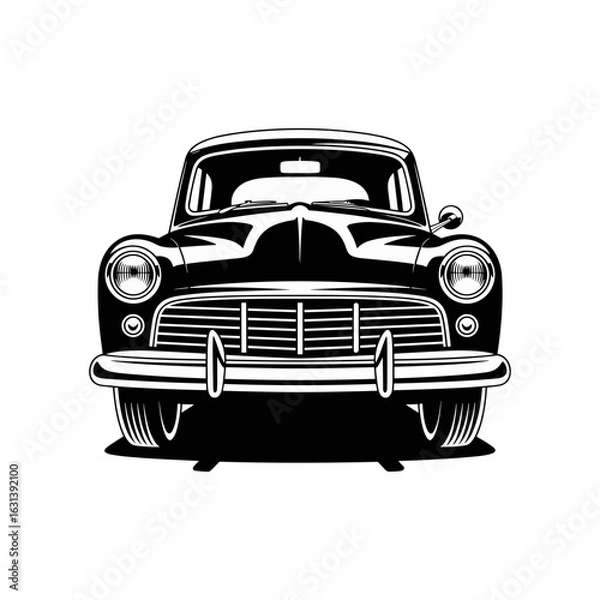 Fototapeta Front View Black and White Monochrome Vector Illustration of a Vintage European Small Car, Featuring Classic Headlights and Chrome Bumper, Isolated on White