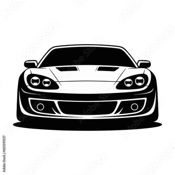 Obraz Front View Silhouette of a Modern Sports Car, a Bold and Minimalist Vector Illustration in Black and White, Perfect for Automotive, Speed, and Racing Themes