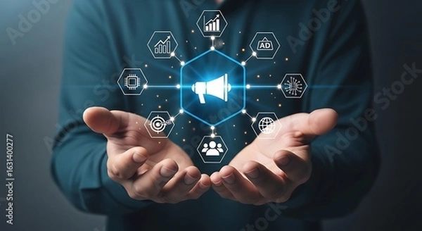 Fototapeta Digital Marketing Strategy Concept Hand Presenting a Glowing Megaphone Surrounded by Icons Representing SEO Advertising