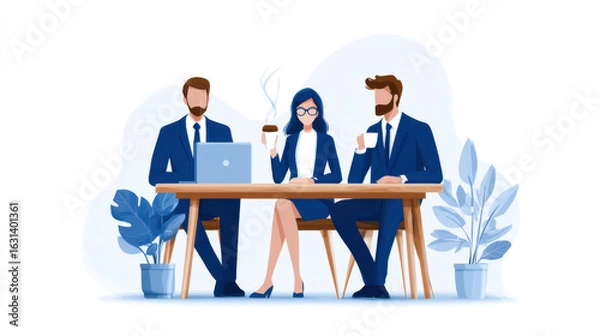 Fototapeta A professional team meeting at a table with a laptop, coffee cups, and plants, symbolizing collaboration and productivity in a modern workspace.