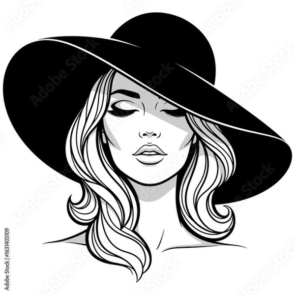 Fototapeta Elegant woman with closed eyes wearing a wide-brimmed hat, exuding timeless glamour and sophistication