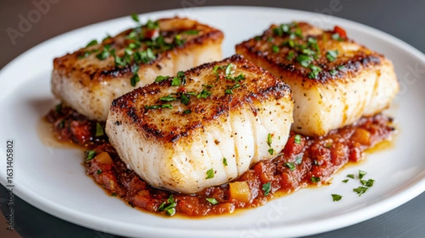 Fototapeta Seared fish fillets served on plate with flavorful sauce and garnished with herbs