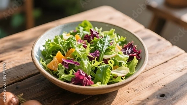 Obraz Fresh mixed salad with greens, orange slices, and onions served in a wooden bowl on a rustic table