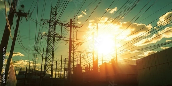 Fototapeta A photograph of an electric substation at sunset, with the sun shining through the power lines and towers.
