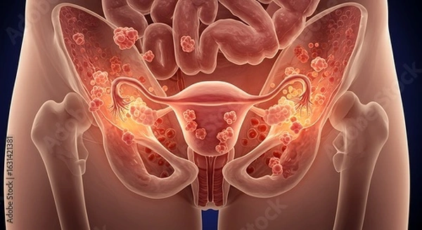 Fototapeta 3D Render of Female Pelvis with Ovarian Cancer, Medical Visualization of Ovarian Cancer Tumor Growth Within the Female Reproductive System and Digestive Tract