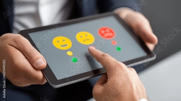 Fototapeta Customer Feedback Survey on Tablet: Man's Finger Tapping Neutral Emotion Icon for Business Satisfaction Rating
