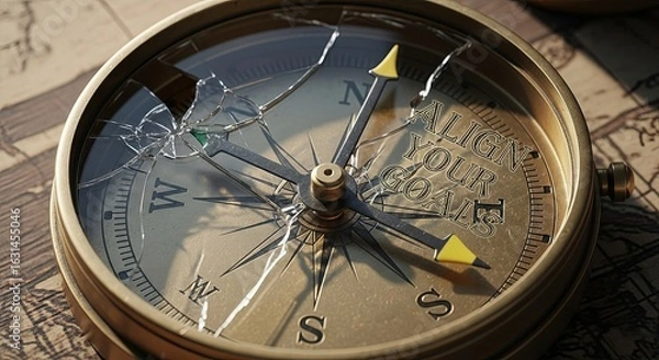 Obraz Vintage Compass with Broken Glass and Goal Alignment Message