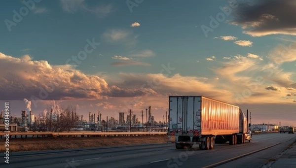 Fototapeta A white and red truck is driving on the highway, with a long trailer in front of it. The background features a blue sky with some clouds at sunset.
