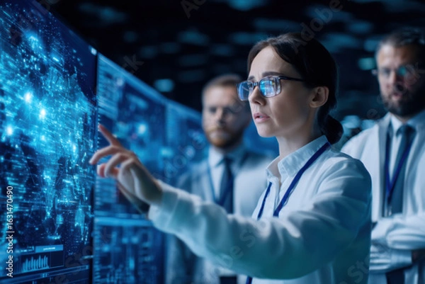 Fototapeta A professional team analyzes complex data on screens, showcasing technology and collaboration in a high-tech environment.