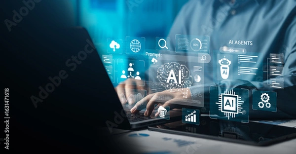 Obraz Analysts use computers to analyze data using AI technology in business and work. Data analysis tools Chatbots Chat with AI using AI technology Artificial intelligence Database Operations Marketing