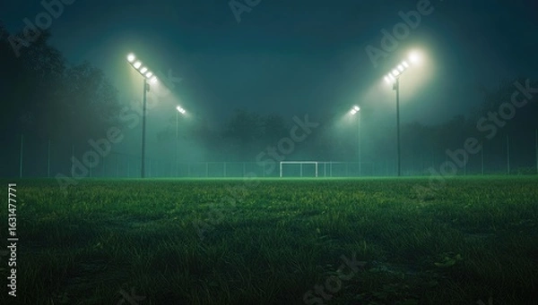 Fototapeta A rugby field at night, illuminated by floodlights, with lush green grass and a hazy, foggy atmosphere.