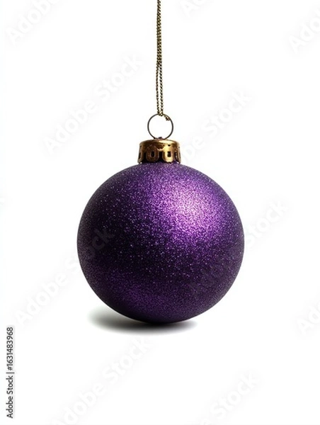 Obraz A vibrant purple Christmas ornament with a glitter finish hangs against a white background, This image is ideal for holiday decoration themes, seasonal marketing, or festive greeting cards,