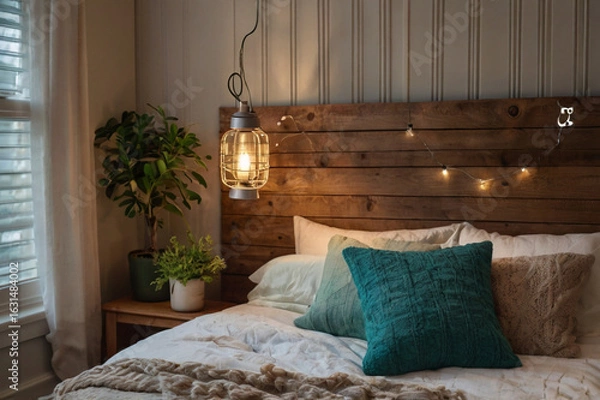 Obraz Cozy bedroom with teal pillows and string lights wooden headboard