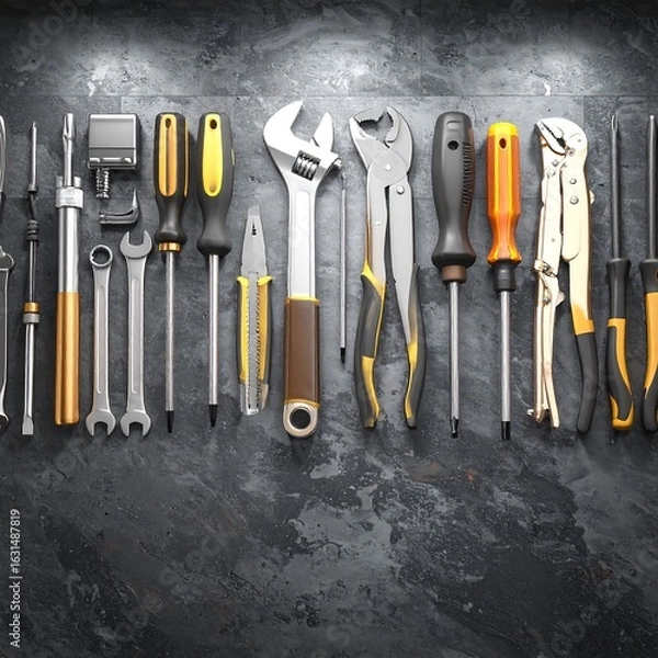 Obraz Assorted tools displayed on dark surface