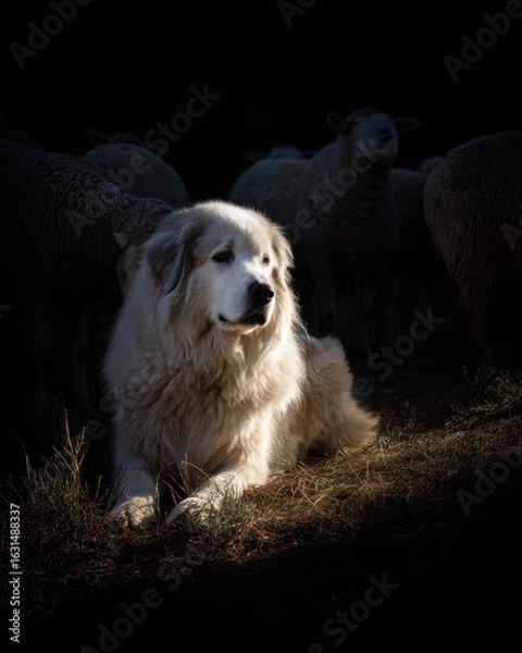 Obraz Great Pyrenees Guarding Sheep Dramatic Lighting