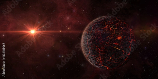 Fototapeta Alien volcanic planet with lava cracks and red sun in distant galaxy. A rocky planet covered with volcanoes and lava cracks. The formation or destruction of a planet. Space scene.