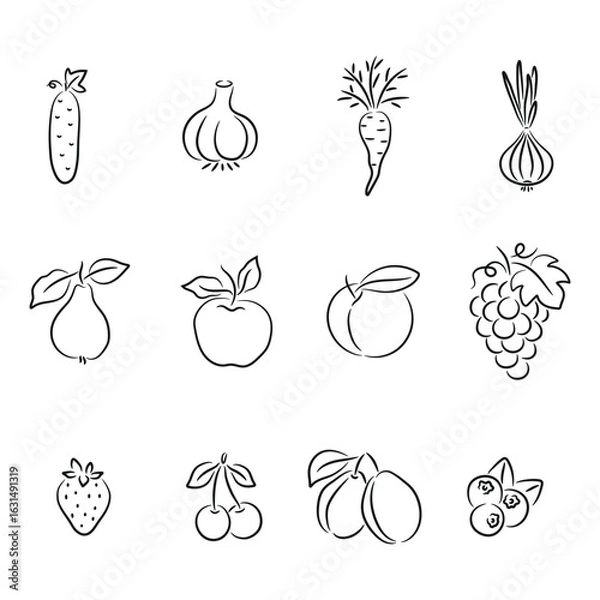 Fototapeta Line Art Fruit and Vegetable Icons, Cucumber, Garlic, Carrot, Pear, Apple, Peach, Grape, Berry