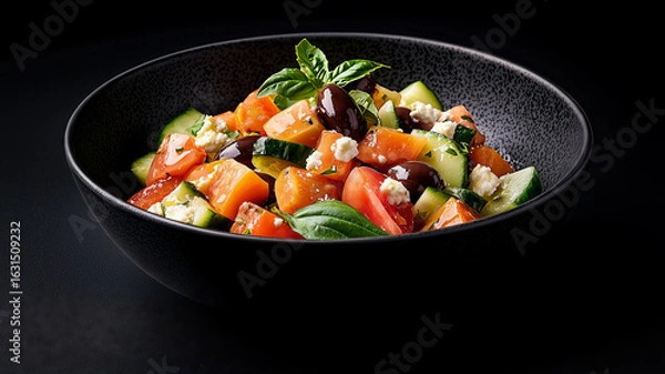Fototapeta Fresh Mediterranean Vegetable Salad with Tomatoes, Cucumbers, Olives, and Feta Cheese on Black Background