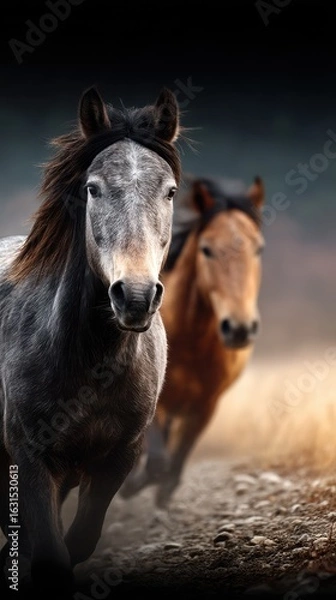 Obraz Majestic horses running on a dirt path through the countryside at dawn capturing the spirit of freedom and elegance in nature