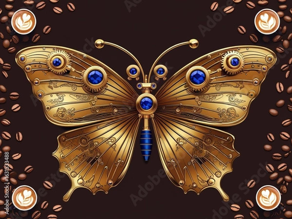 Fototapeta Golden butterfly adorned with blue gems, set against a rich chocolate background with coffee cups and beans, blending luxury and nature in a digital art style.