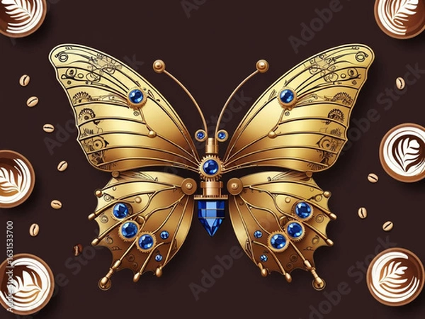 Fototapeta Golden butterfly adorned with blue gems, set against a rich chocolate background with coffee cups and beans, blending luxury and nature in a digital art style.