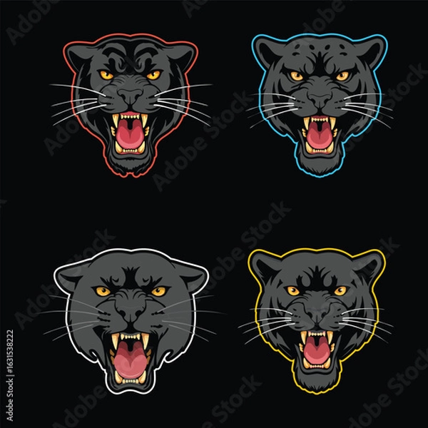 Fototapeta Flat vector of a aggressive black phanter head, animal illustration set