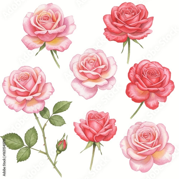 Fototapeta Watercolor painting of roses in various shades of pink and red, with delicate petals and green leaves and stems on white background
