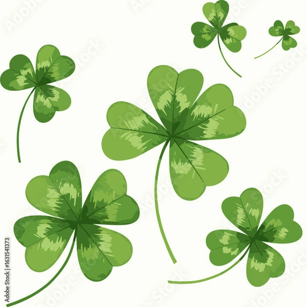 Fototapeta Vector illustration of lucky Irish shamrocks or clovers with green leaves on white background, celebrating St. Patrick's Day