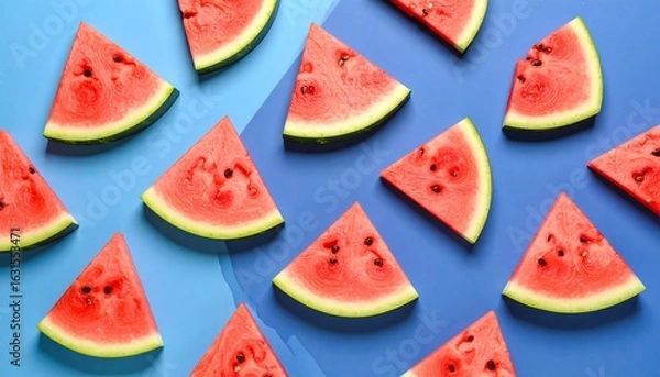 Fototapeta Juicy watermelon slices arranged on vibrant blue background with summer refreshment.