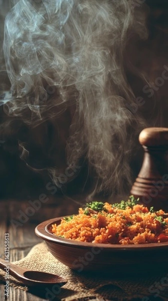 Obraz Delicious Steaming Bowl of Quinoa Salad with Fresh Herbs on a Rustic Wooden Table with a Spoon and Pepper Grinder in the Background