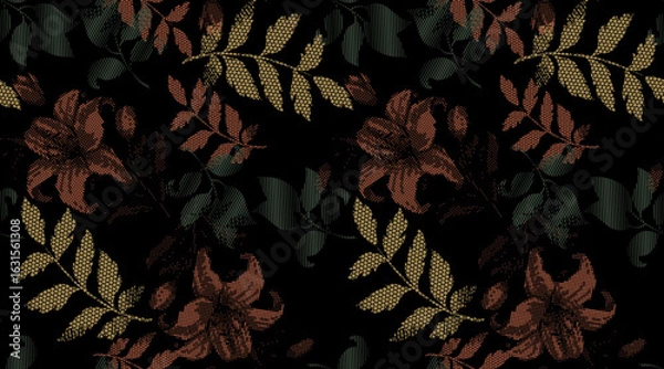 Obraz Autumn leaves seamless pattern with stripes and dot pattern. Gradient effect vector pattern with single color design.